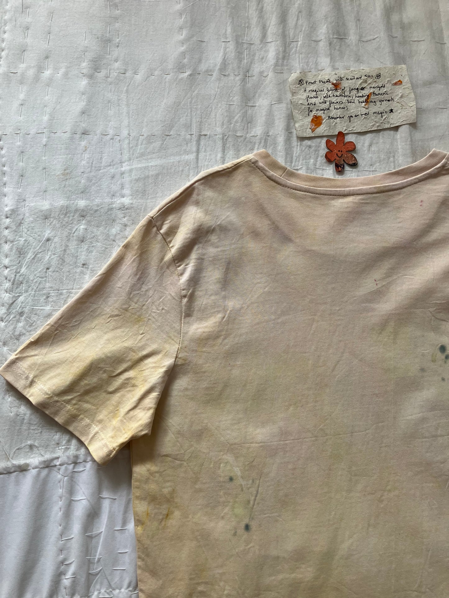 EIRINN HAYHOW - FOREST FAIRIE WITH SNAIL AND SUN TSHIRT 1 with bio flower patch