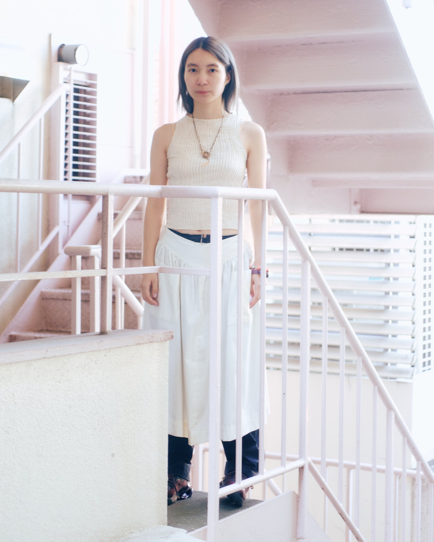 AZUR - Plissé Silk Tank Top - Off-White