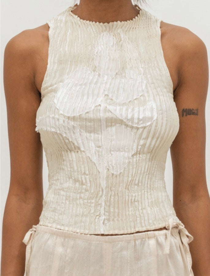 AZUR - Plissé Satin Silk Appliqué Tank Top - Off white + White