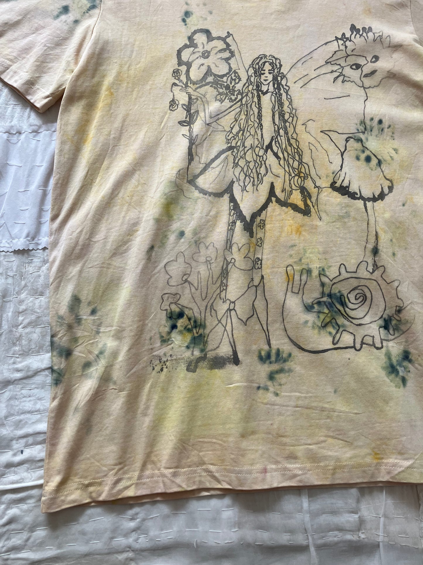 EIRINN HAYHOW - FOREST FAIRIE WITH SNAIL AND SUN TSHIRT 1 with bio flower patch