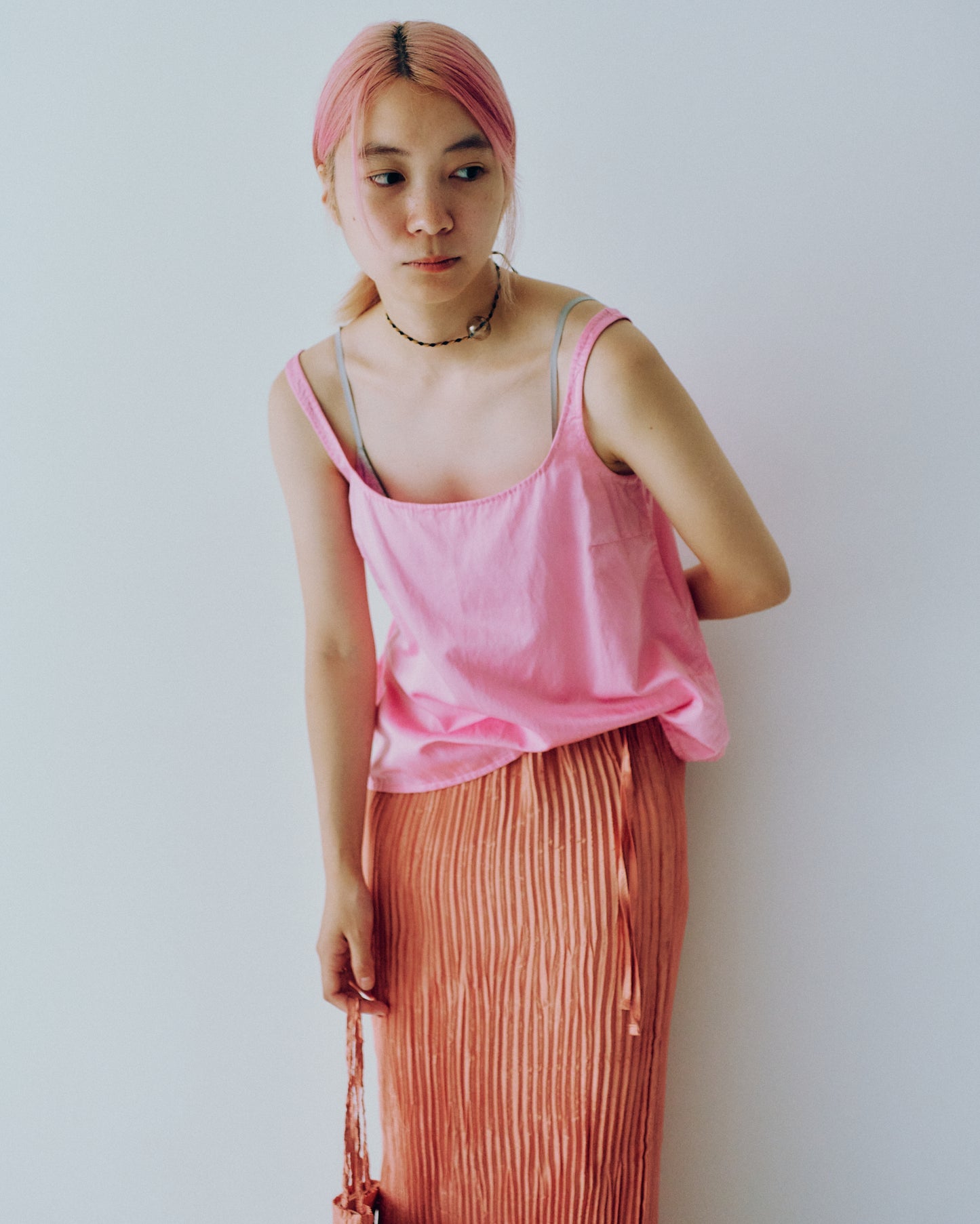 AZUR - Plissé Satin Silk Long Skirt - Blush