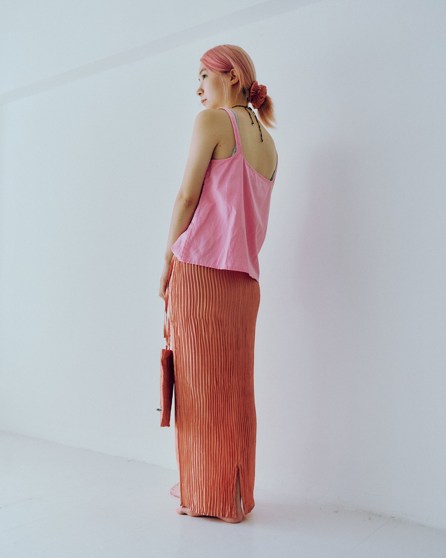 AZUR - Plissé Satin Silk Long Skirt - Blush