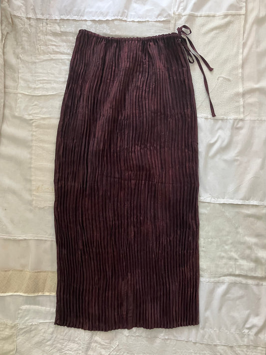 AZUR - Plissé Satin Silk Long Skirt - Plum