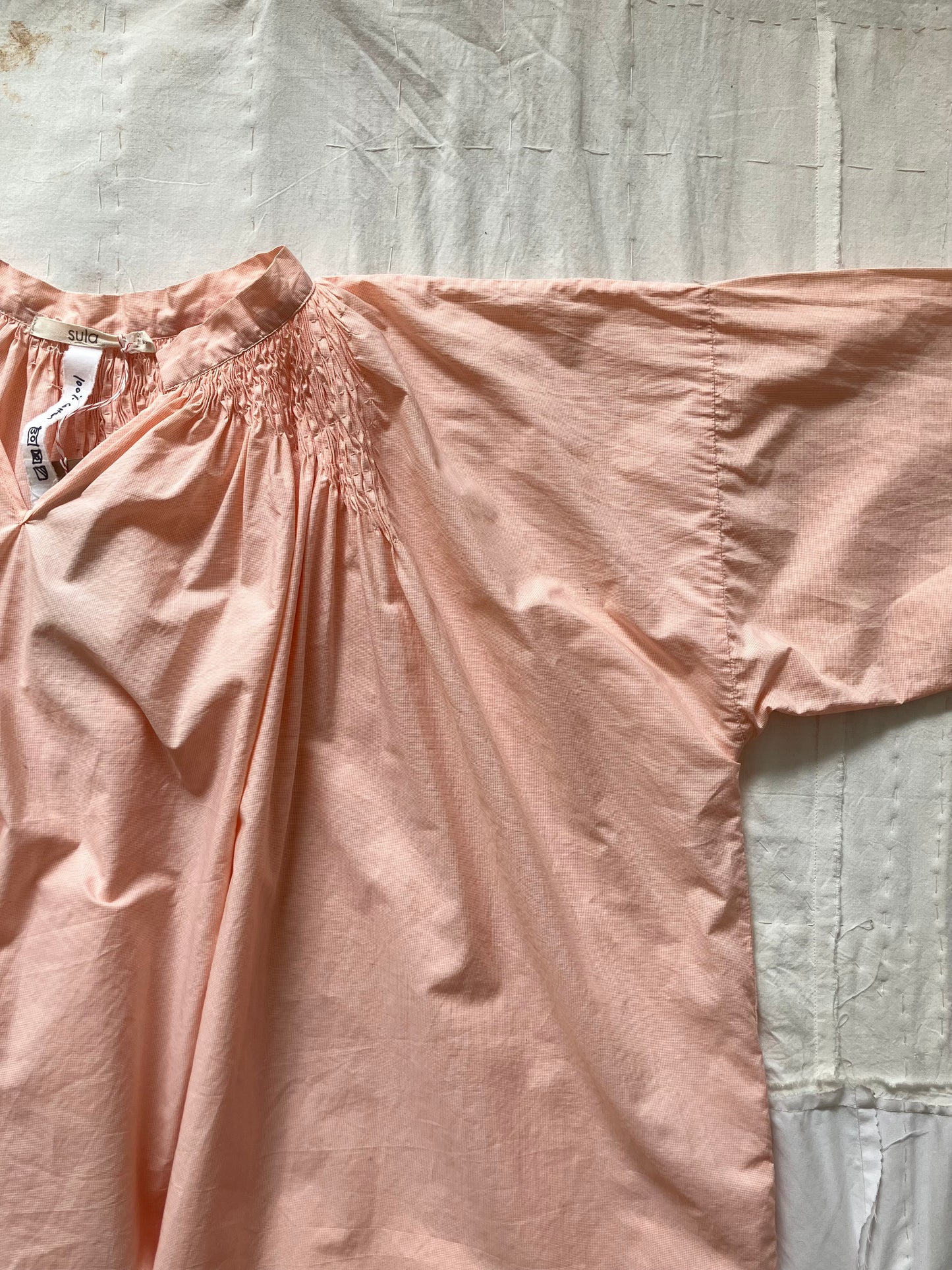 sula - gathered dress - tiny orange check