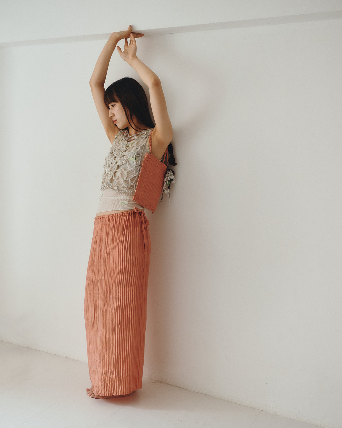 AZUR - Plissé Satin Silk Long Skirt - Blush