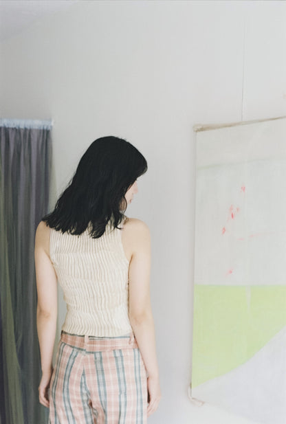 AZUR - Plissé Satin Silk Appliqué Tank Top - Off white + White
