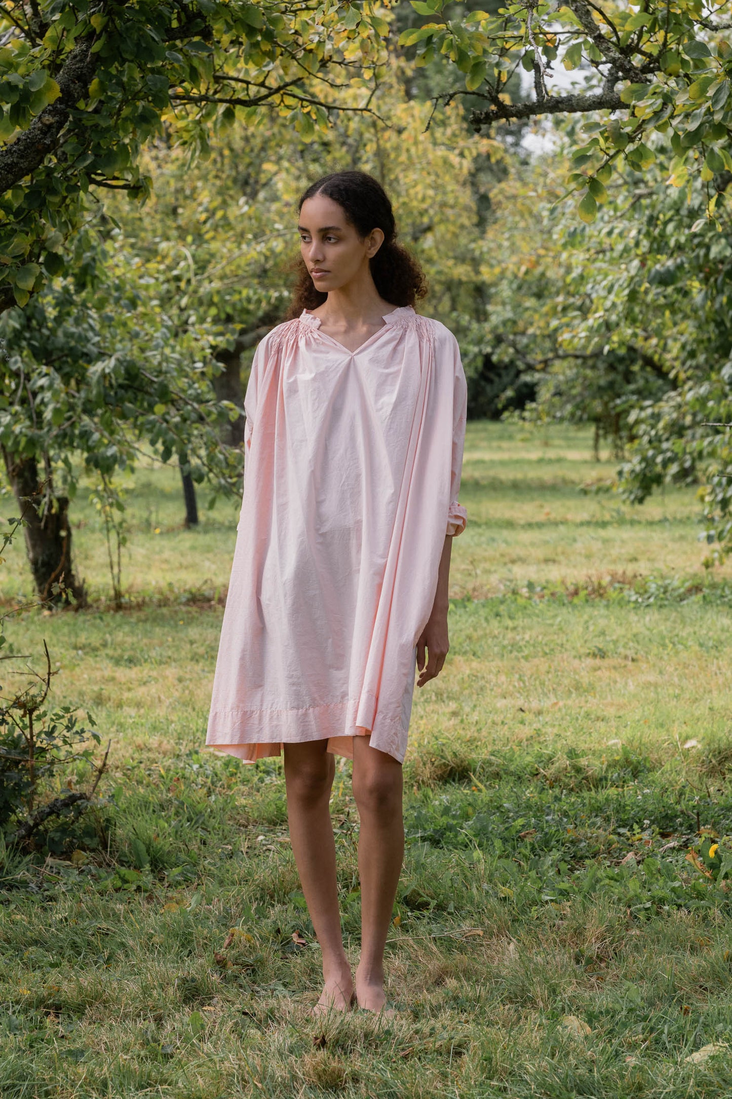 sula - gathered dress - tiny orange check