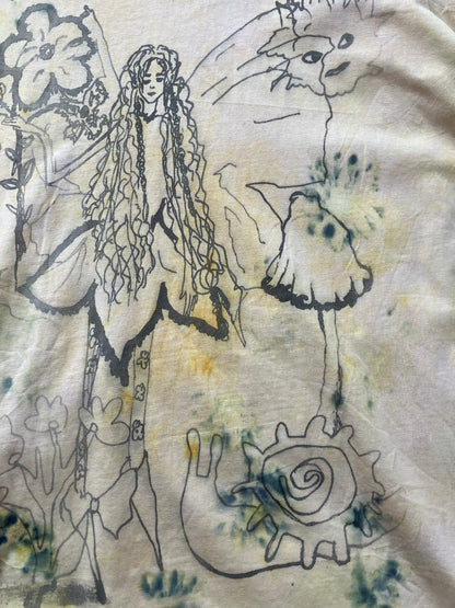 EIRINN HAYHOW - FOREST FAIRIE WITH SNAIL AND SUN TSHIRT 1 with bio flower patch