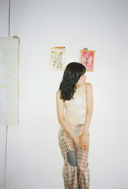 AZUR - Plissé Satin Silk Appliqué Tank Top - Off white + White