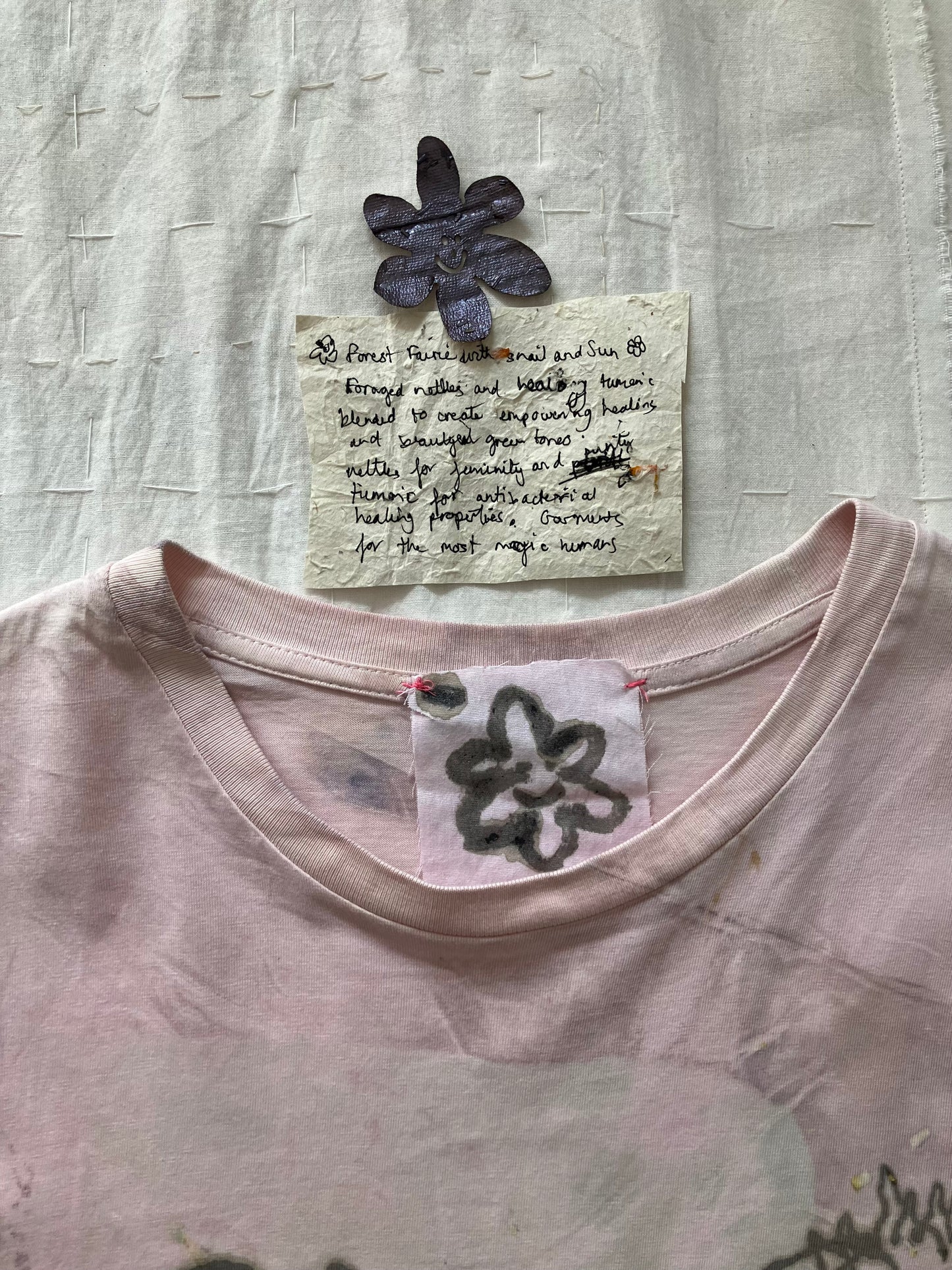 EIRINN HAYHOW - FOREST FAIRIE WITH SNAIL AND SUN TSHIRT 2 with bio flower patch