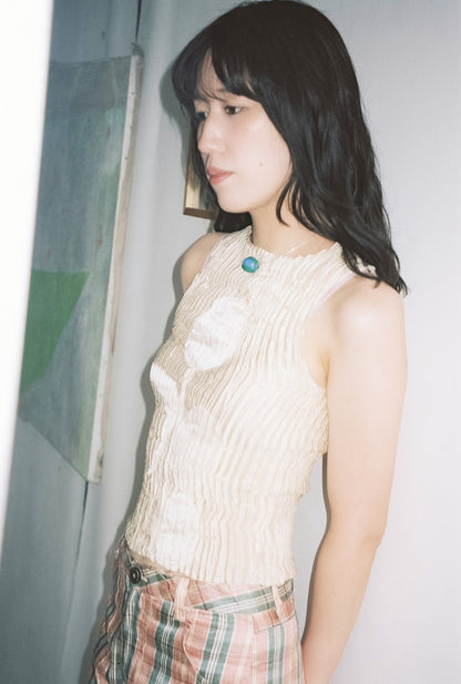 AZUR - Plissé Satin Silk Appliqué Tank Top - Off white + White