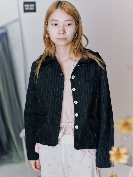 sula - frill stanley jacket - black wool stripe