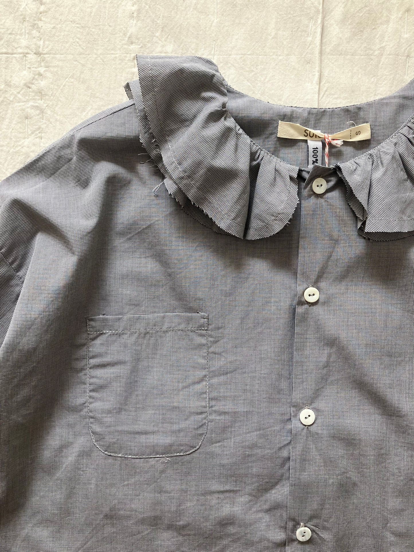 sula - pucked collar blouse - tiny dark navy check