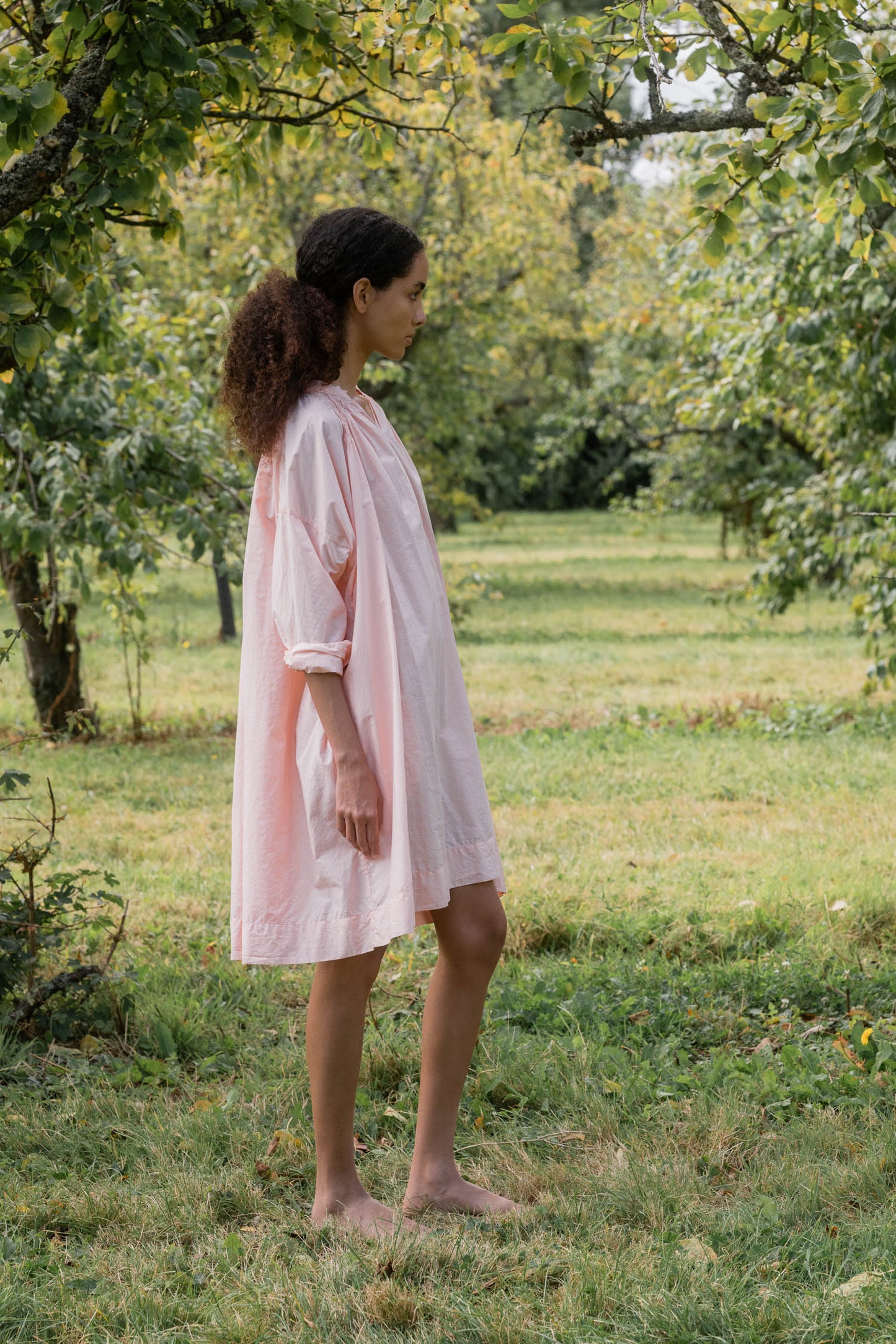 sula - gathered dress - tiny orange check