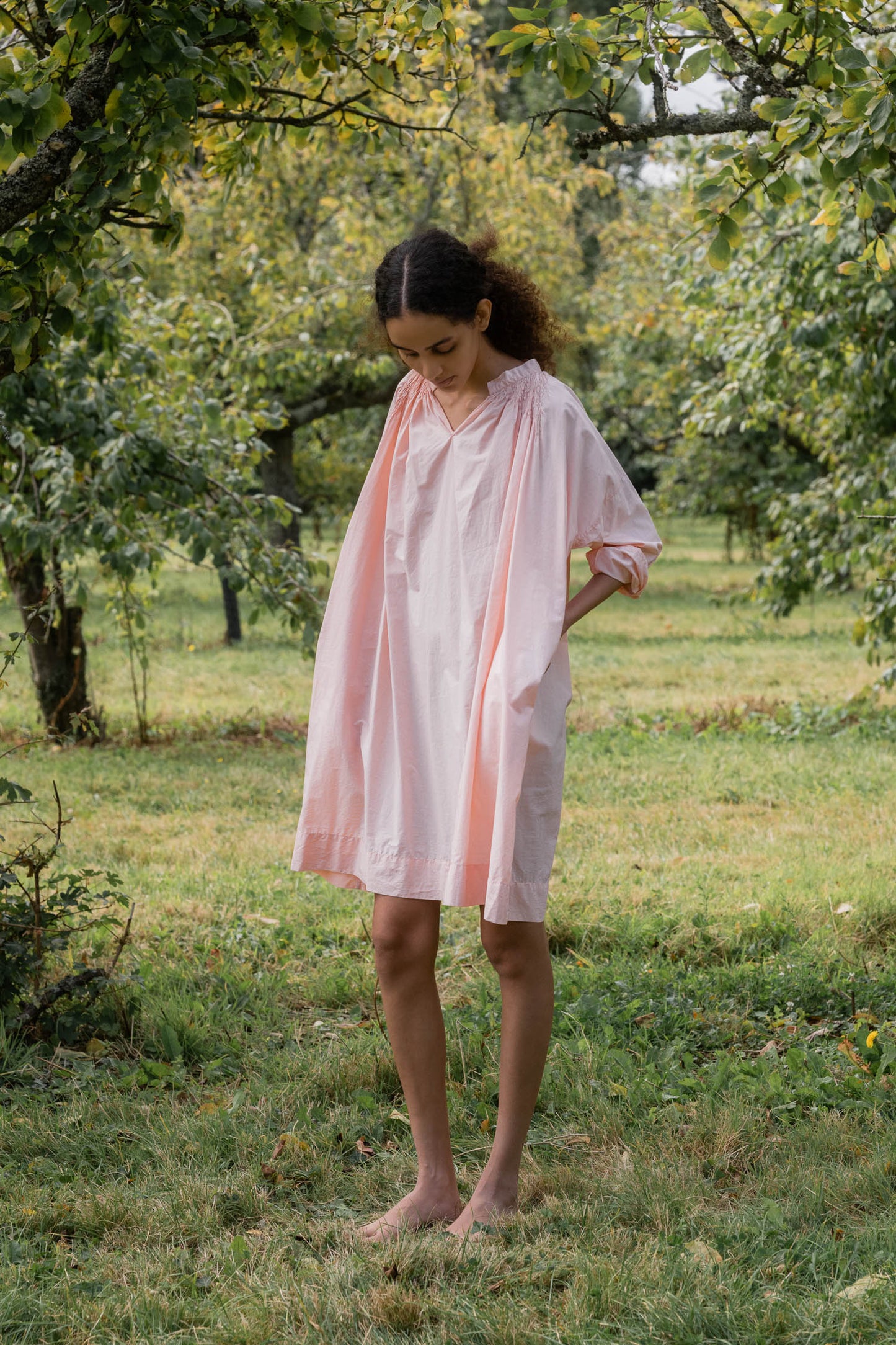 sula - gathered dress - tiny orange check