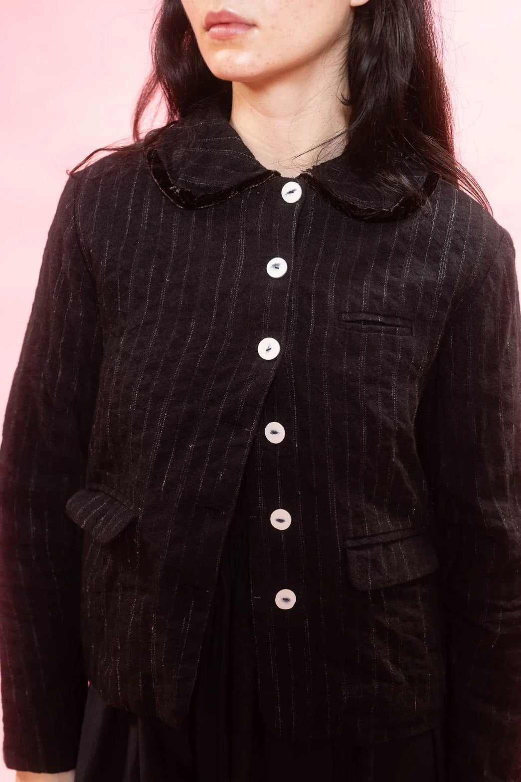 sula - frill stanley jacket - black wool stripe