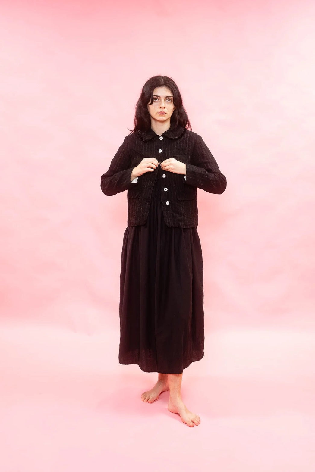 sula - frill stanley jacket - black wool stripe