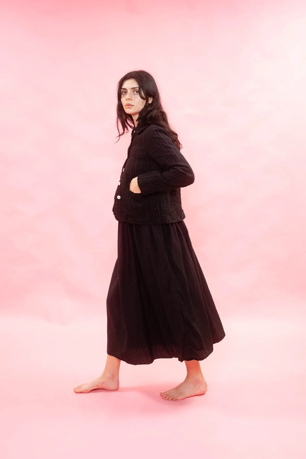 sula - frill stanley jacket - black wool stripe